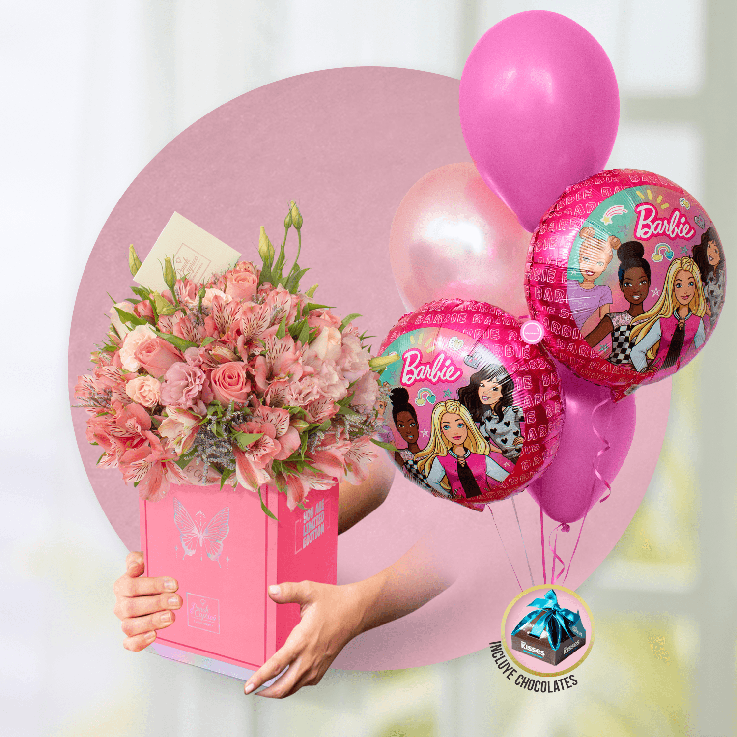 Arreglo Floral de Rosas Hermosas, Rosas Señorita y Lisianthus Rosada + Bouquet de Cumpleaños -Barbie Dream Together- -SET071-