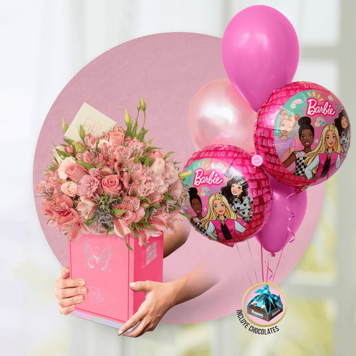 Arreglo Floral de Rosas Hermosas, Rosas Señorita y Lisianthus Rosada + Bouquet de Cumpleaños -Barbie Dream Together- -SET071-