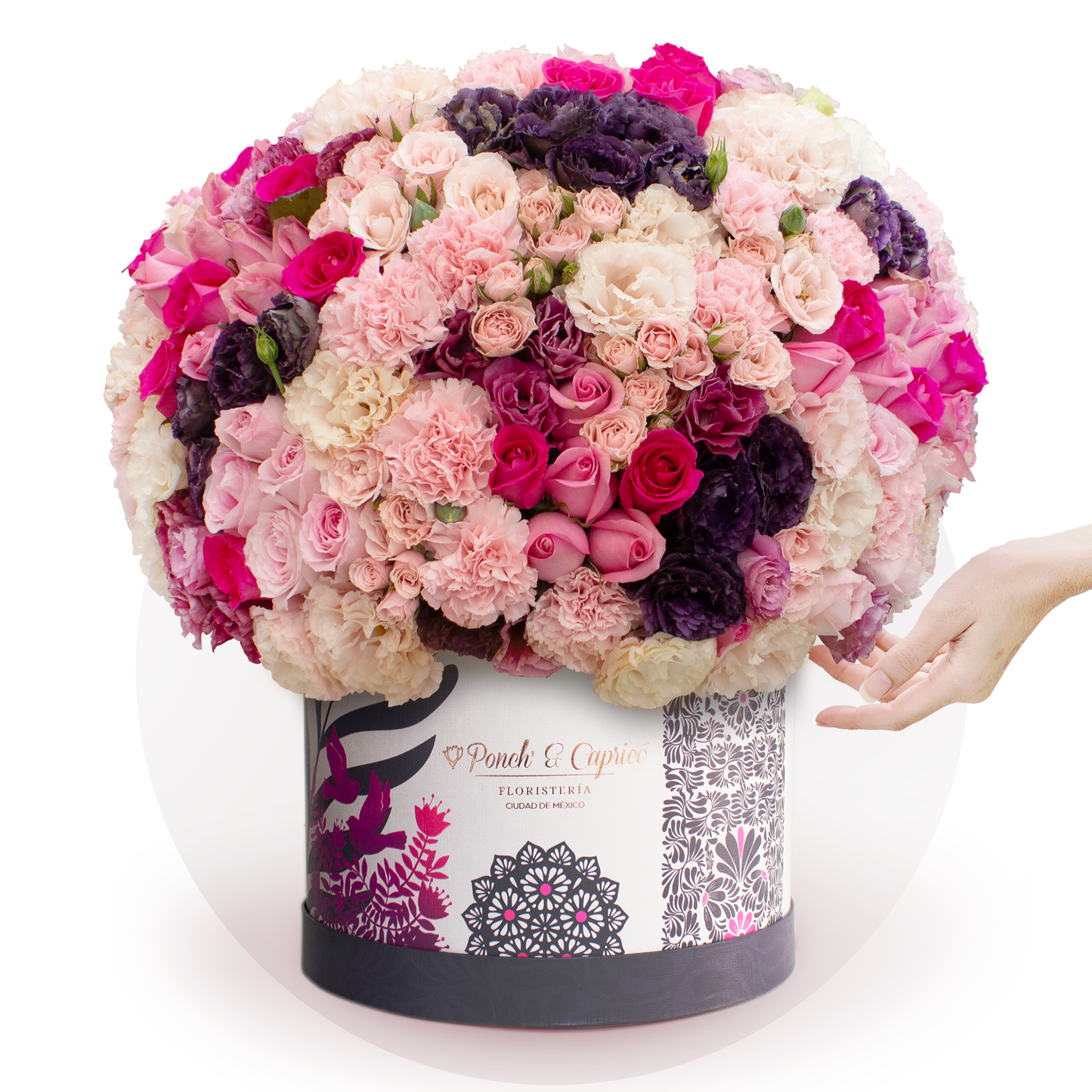 Arreglo Floral de Rosas Rosadas Mix, Lisianthus y Clavel Rosa en Caja -Domo Grand-