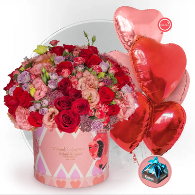 Arreglo Floral de Rosas Rojas, Mini Rosas y Lisianthus en Caja Premium -Domo Grand-