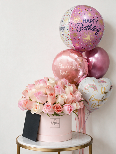 Arreglo Floral de Rosas Rosadas Mix en Domo con Bunch de Globos con Helio personalizado - Stars Birthday - -SET060-