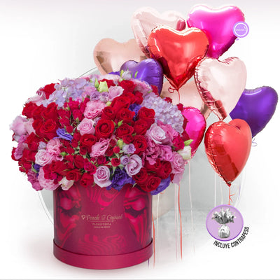 Arreglo Floral de Rosas Rojas en Caja Premium y Globos de Amor