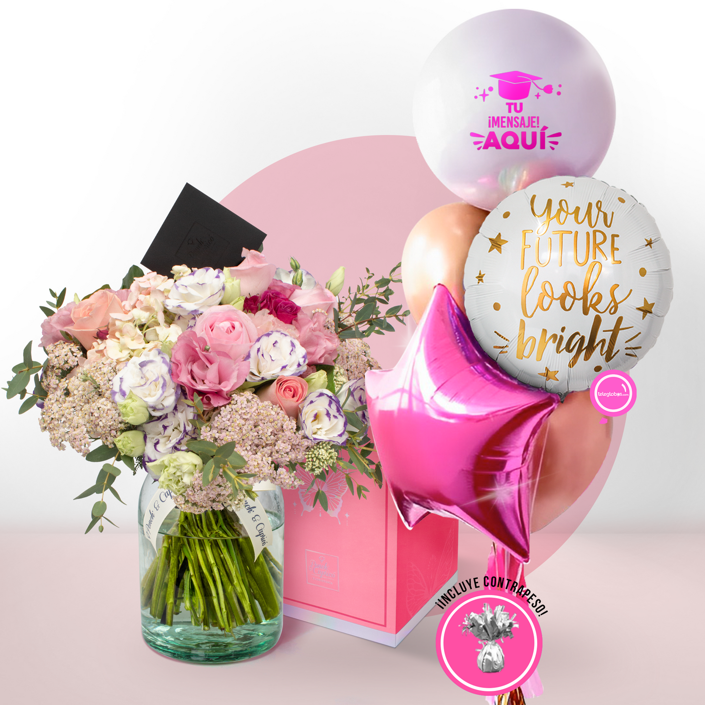 Arreglo floral de Rosas Caricia, Hermosas, Mini Rosas Fucsia y Lisianthus Carmín + Bunch de Globos para Graduación