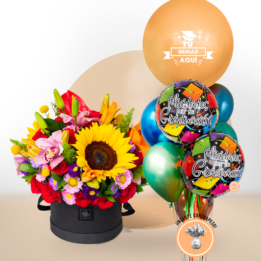 Arreglo floral en Caja Negra de Rosas Rojas, Orquídeas Rosadas, Girasoles y Lillies Naranja + Bunch de Globos para Graduación - SET116