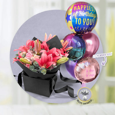 Bouquet de Lillies Rosa, Rosas y Mini Rosas Rosadas y Beige + Bunch de Globos con Helio Personalizado -SET044-