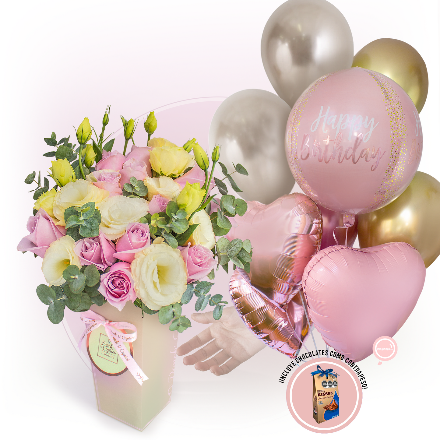 Bouquet of Lilac Roses and Cream Lisianthus with Orbz Birthday Balloons