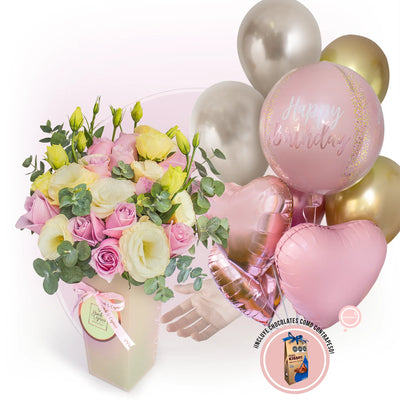 Ramo de Rosas Lilas y Lisianthus Crema con Globos Orbz Cumpleaños