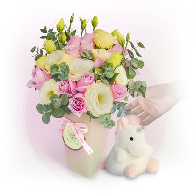 Rosas lilac bouquet with unicorn stuffed animal