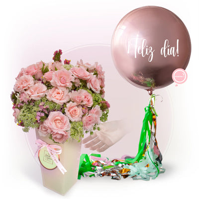 迷你玫瑰和个性化气球 Orbz 的布置