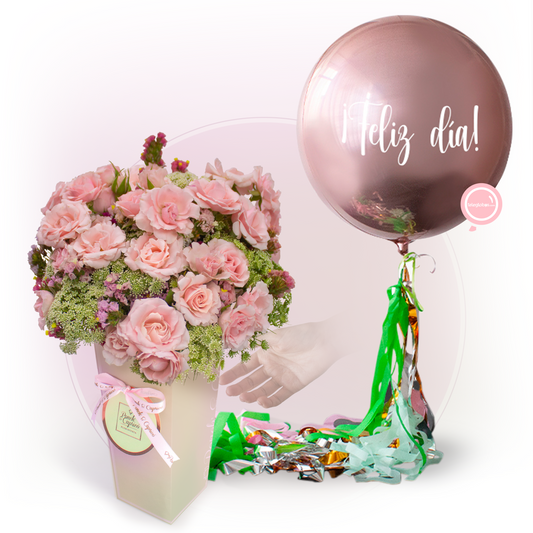 Arreglo de Mini Rosas y Globo Personalizado Orbz