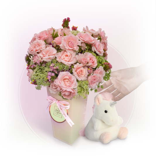 Peluche Unicornio con Arreglo Floral de Mini Rosas