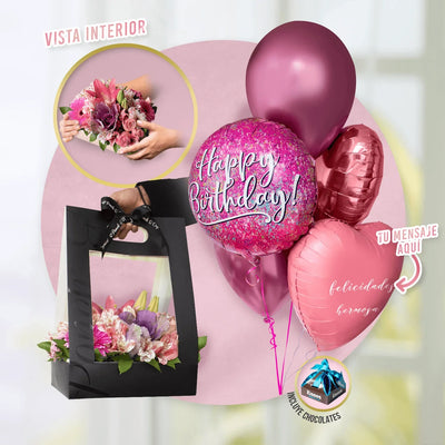 Canasta de Rosas, Lillies y Gerberas + Bouquet de Globos Personalizado -SET040-