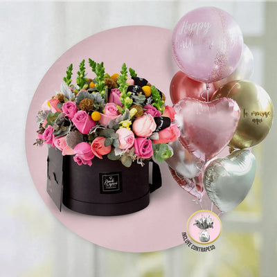 Domo Mix de Rosas con Boca de Dragón, Escabiosa y Craspedia + Bunch de Globos Personalizado -SET053-