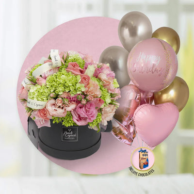 Domo de Lisianthus, Rosas Rosadas, Mini Rosas y Hortensias Verde + Bouquet de Globos -SET036-