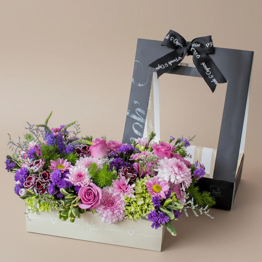 Flores en Caja |  Canasta de Flores Naturales | Rosas Lila, Hortensias