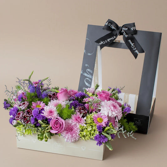 Flores en Caja |  Canasta de Flores Naturales | Rosas Lila, Hortensias
