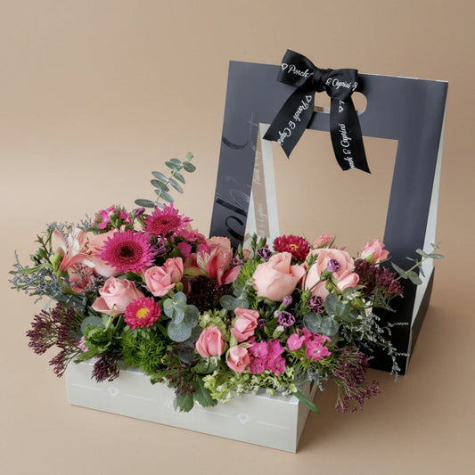 Flores en Caja |  Canasta de Flores Naturales | Rosas Rosa, Gerberas