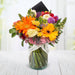 Arreglo floral de Gerberas Mix, Rosas Rojas, Rosas Peach Avalanche, Boca de Dragón y Estate Morada -GI025-