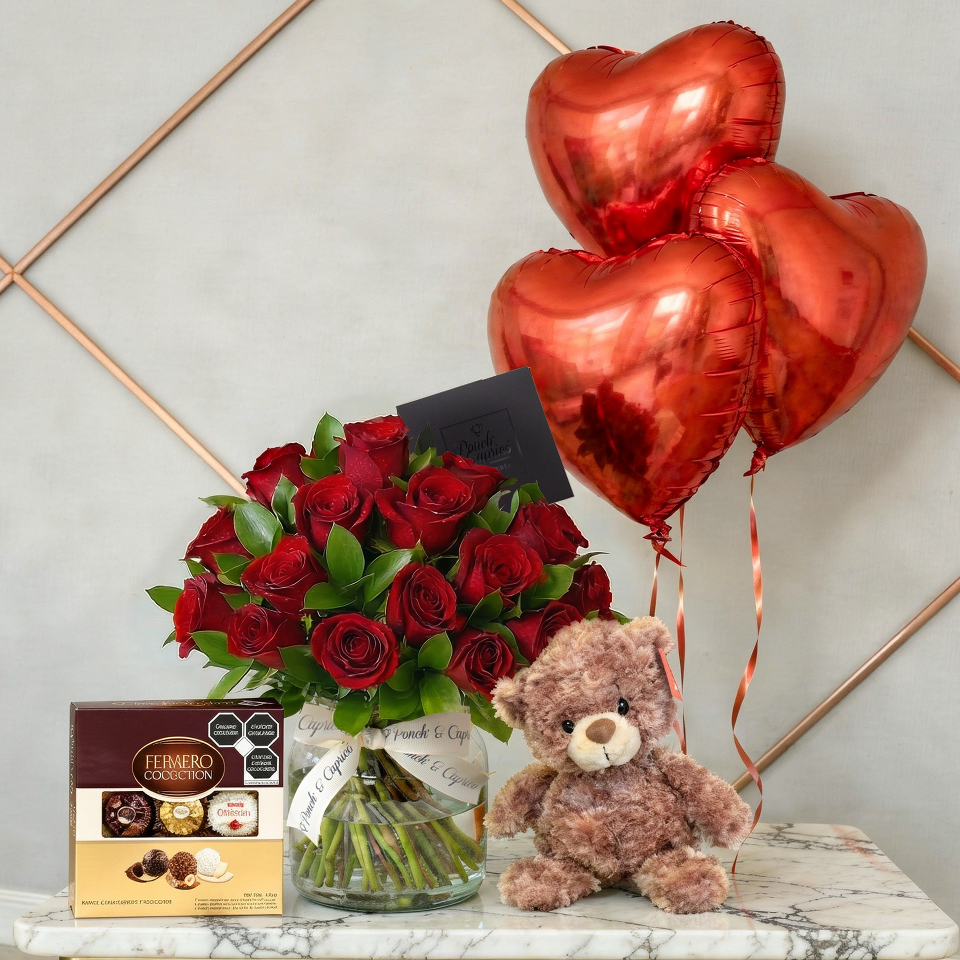 Arreglo de flores con globos y Osos de peluche con flores