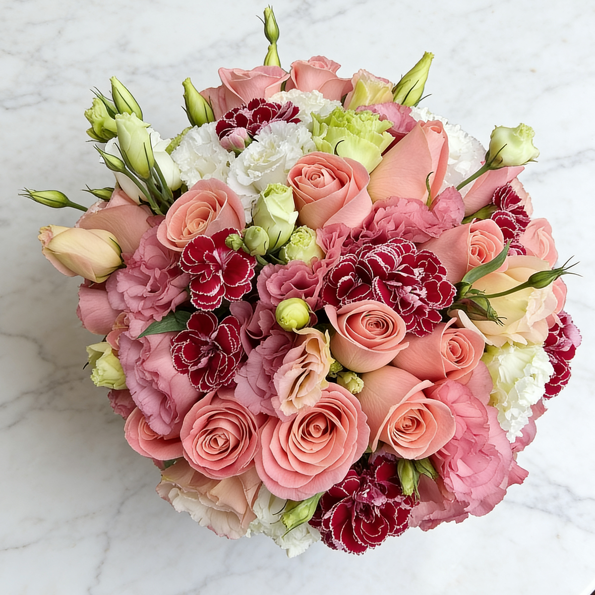 Vista cenital del arreglo de rosas y lisianthus durazno — componente del set