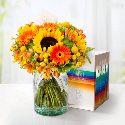 Arreglo Floral de Girasoles, Gerberas Naranjas, Mini Rosas Naranja y Alstromelia Amarilla -GI028-