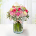 Arreglo floral de Rosa Fucsia, Lisianthus Crema, Alstromelia Blanca, Clavellina Rosada y Aquilea -GI026-