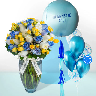 Blue, white and yellow roses bouquet