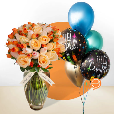 Bouquet of beige roses and oranges (peach, lady and mini orange pinks) + Bouquet of balloons inflated with helium -set098-
