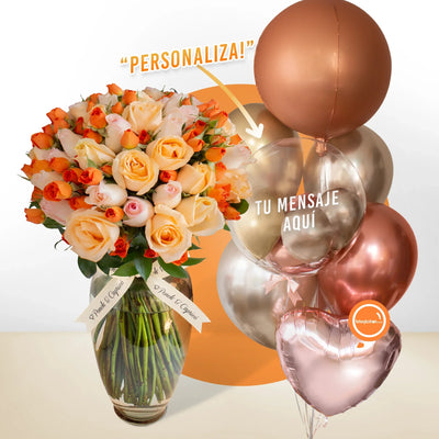 Bouquet of beige roses and oranges (peach, lady and mini orange pinks) + Bouquet of balloons inflated with helium -set098-