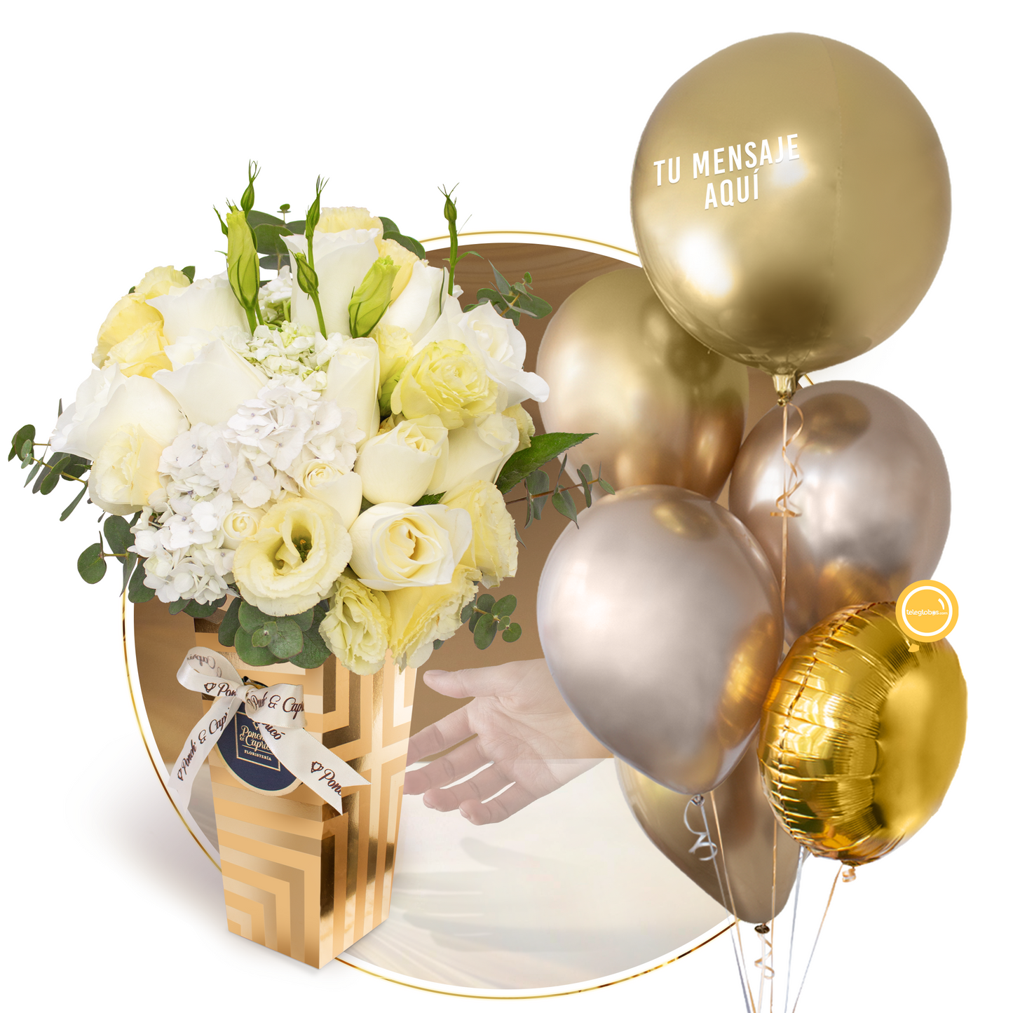 Floral Arrangement of White Roses Hydrangeas and Lisianthus with a Personalized Balloon Bunch