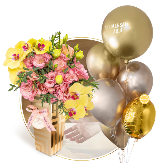 Arreglo Floral de Orquídeas y Lisianthus con un Bunch de Globos Personalizado