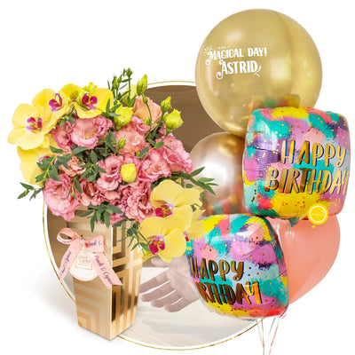 花卉兰花的布置，一堆生日快乐气球