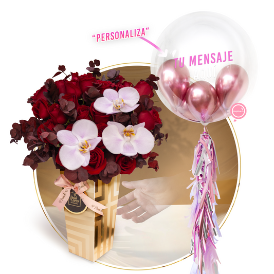 Arrangement floral de roses rouges et d'orchidées avec une bulle personnalisée de 24 "