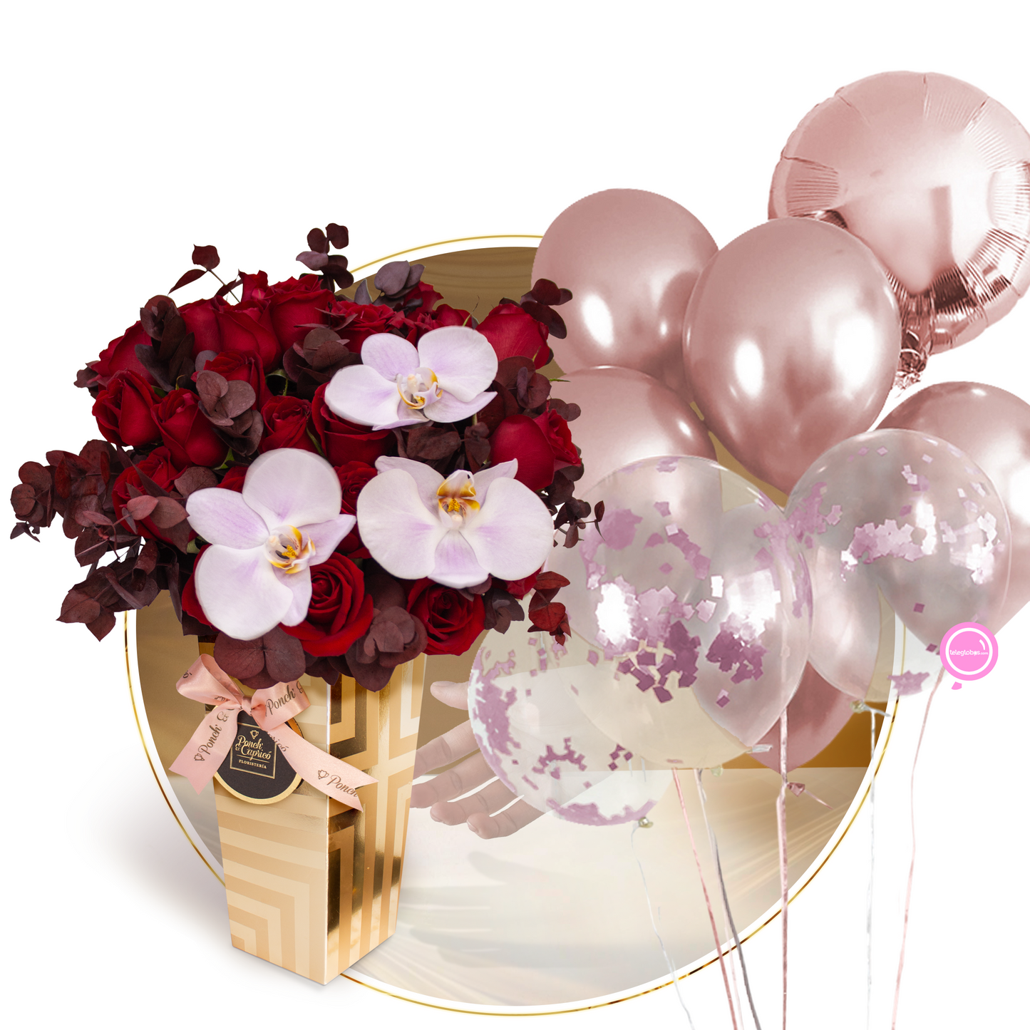 Arreglo Floral de Rosas Rojas y Orquídeas con un Bunch de 9 Globos Rose Gold