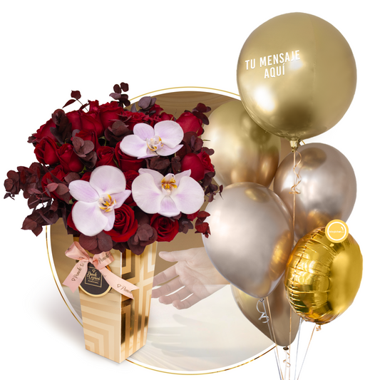 Arreglo Floral de Rosas Rojas y Orquídeas con un Bunch de Globos Personalizado