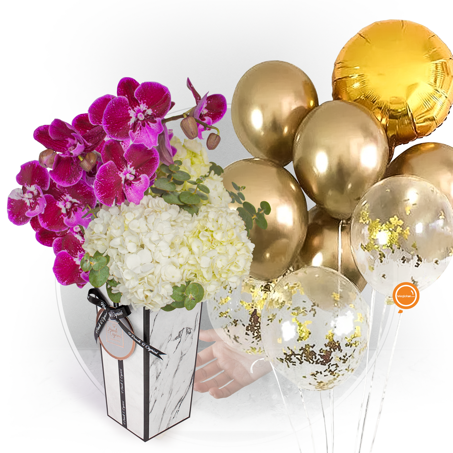 Arreglo de Orquideas y Hortensias con Bunch de Globos Dorados