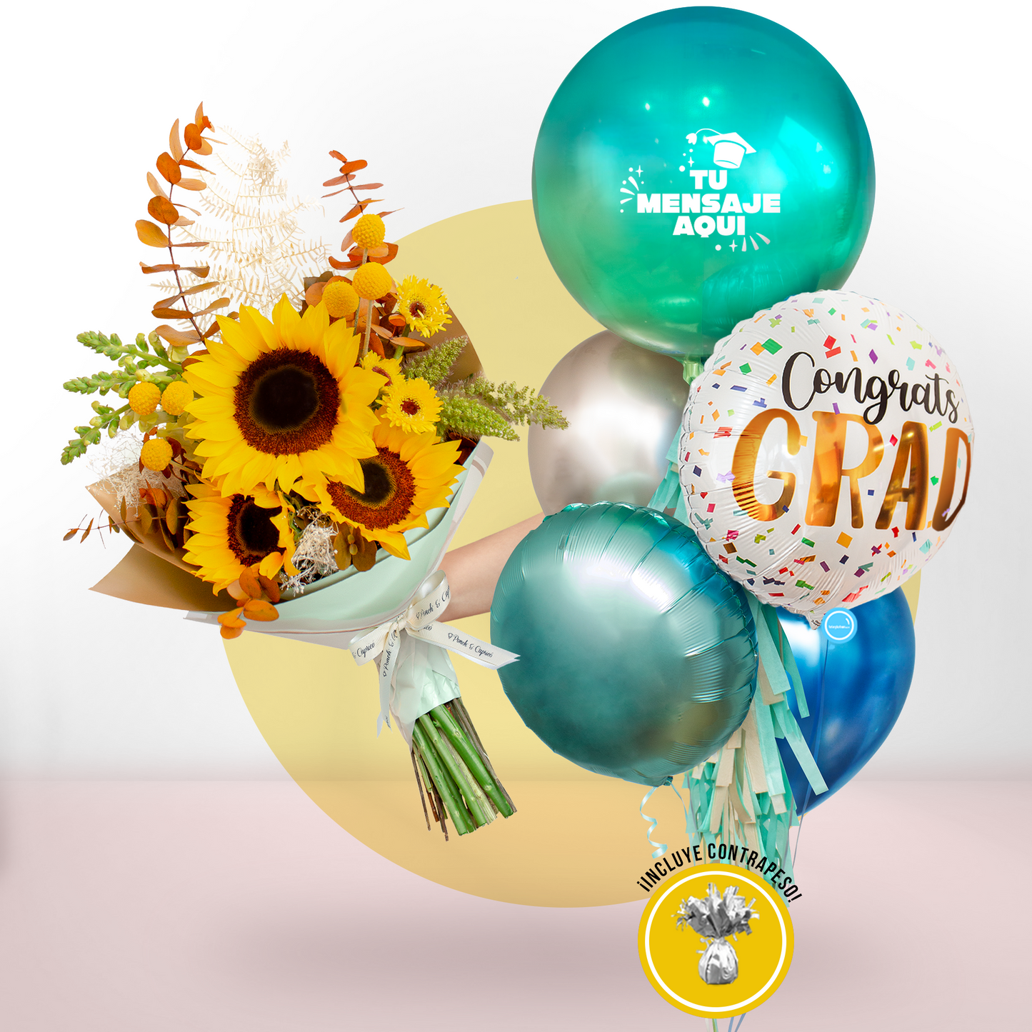 Ramo de Girasoles, Eucalipto Preservado, Gerberas y Leather Preservado + Bunch de Globos para Graduación