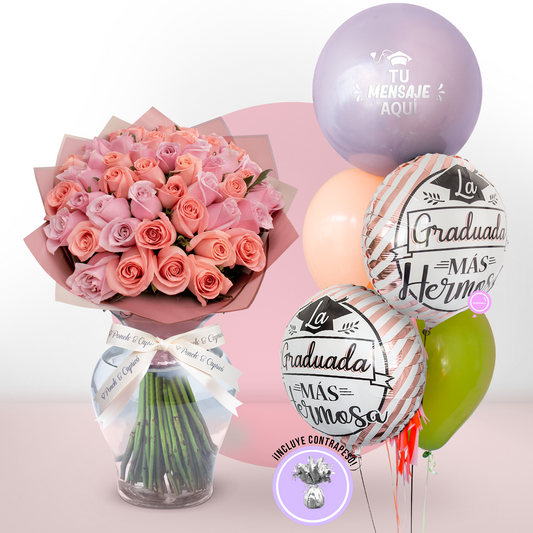 Ramo de 50 Rosas Lila y Rosadas con florero + Bunch de Globos para Graduación - SET109