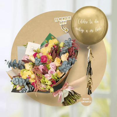 Orquídeas Amarillas, Rosas Náuticas, Lisianthus Místico, Rosas Peach Avalanche y Eucalipto -ALA022-