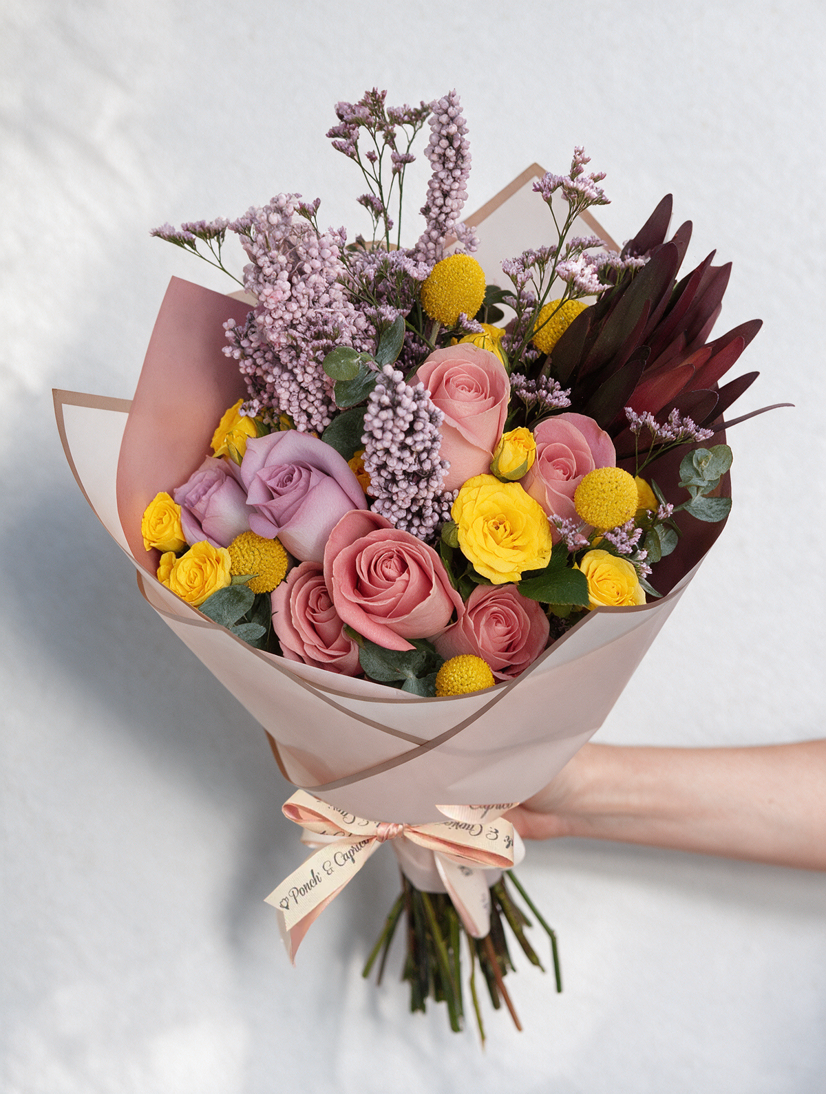 Ramo de Rosas Rosa (Hermosa), Rosas Lilas y Mini Rosas Amarillas - PRAM038