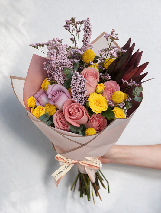 Ramo de Rosas Rosa (Hermosa), Rosas Lilas y Mini Rosas Amarillas - PRAM038