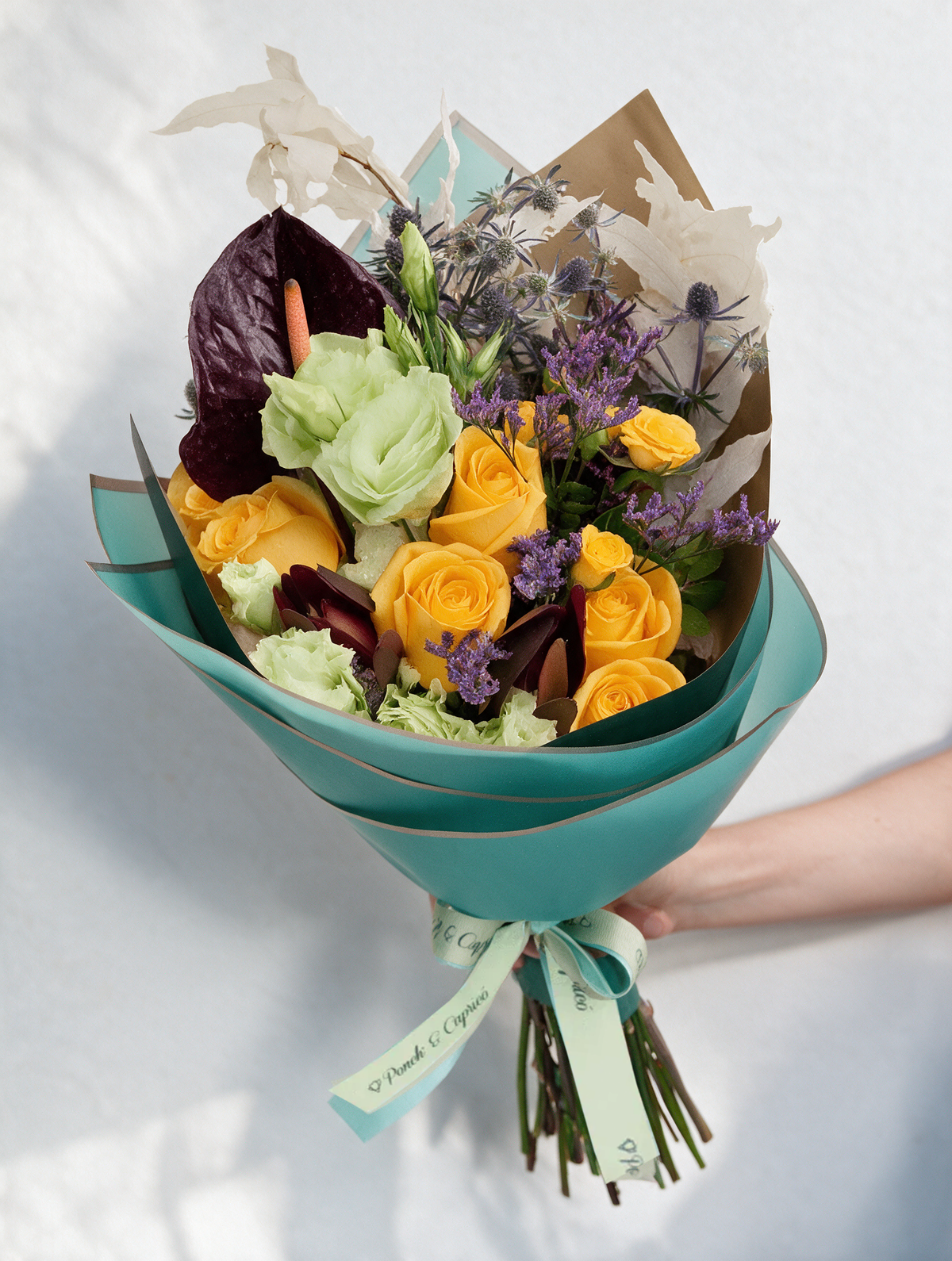 Ramo de Rosas Amarillas, Encino Blanco y Lisianthus Limón - PRAM039