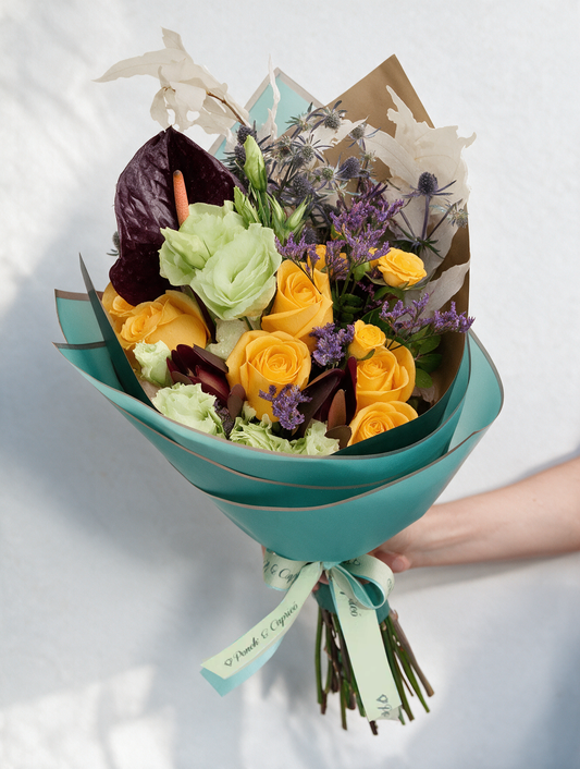 Ramo de Rosas Amarillas, Encino Blanco y Lisianthus Limón - PRAM039