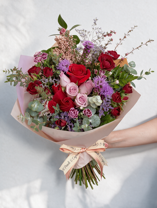 Ramo de Rosas Lilas, Rosas Rojas, Mini Rosa Roja y Limonio Morado - PRAM043 -