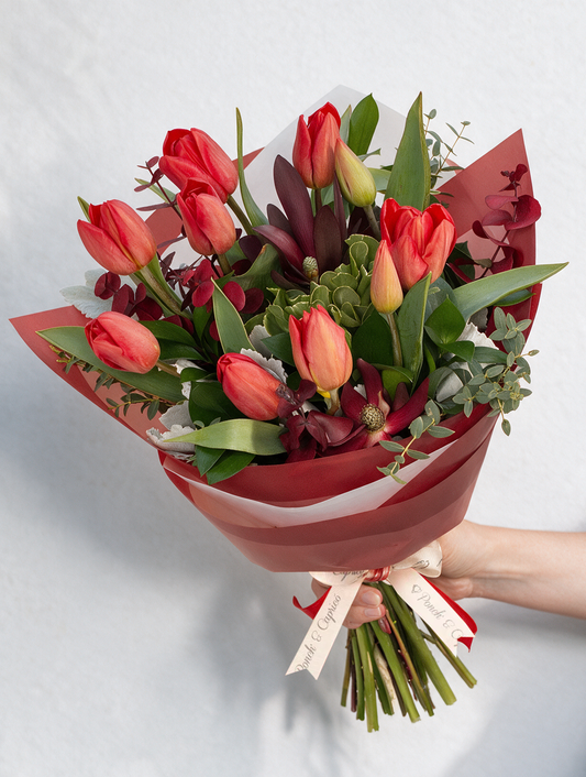 Ramo de Tulipanes Rojos, Safari y Dólar Rojo (Preservado) -PRAM055-