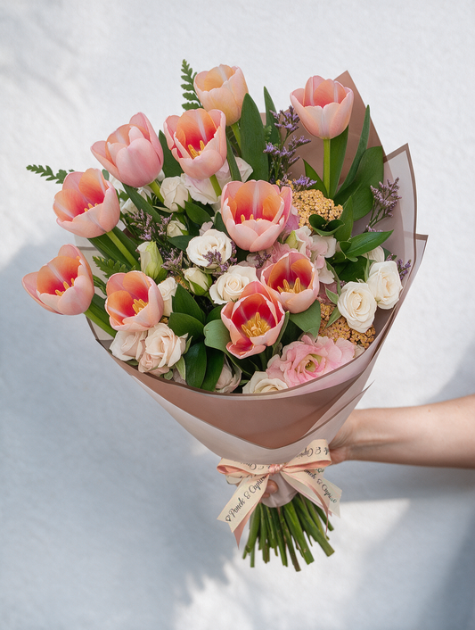 Ramo de Tulipanes Rosas, Mini Rosas Porceline, Lisianthus y Aquilea -PRAM057-