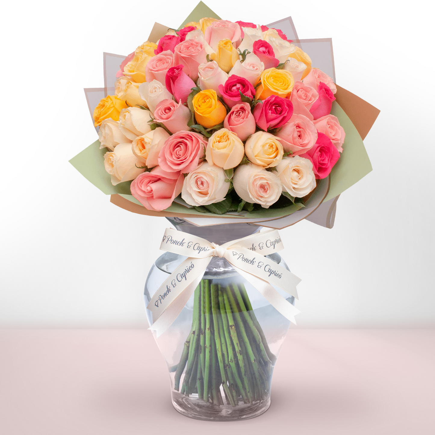 Ramo de Rosas Mixtas (Náutica, Fucsia Topaz, Amarilla, Peach Avalanche, Coral y Hermosa), presentación de 50, 100 o 150 rosas