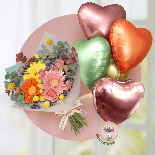 Ramillete de Gerberas Mix, Rosas Hermosas, Eucalipto Rosado, Estate Rosa y Mini Rosas + Bouquet de Globos de Amor -SET067-