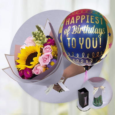 Ramillete de Girasol, Rosa Caricia Rosada y Dragón Amarillo Perrito + Orbz Birthday Estrellas y Oro -SET042-