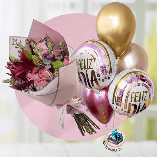 Ramillete de Lillies, Rosas, Boca Dragón + Bouquet de Globos -SET038-